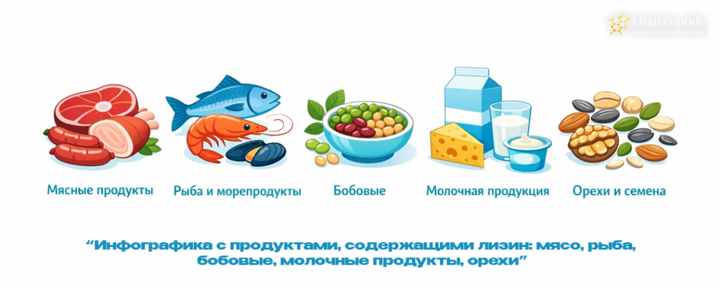 Инфографика с продуктами содержащими лизин- мясо рыба бобовые молочные продукты орехи.png Инфографика с продуктами содержащими лизин- мясо рыба бобовые молочные продукты орехи.png