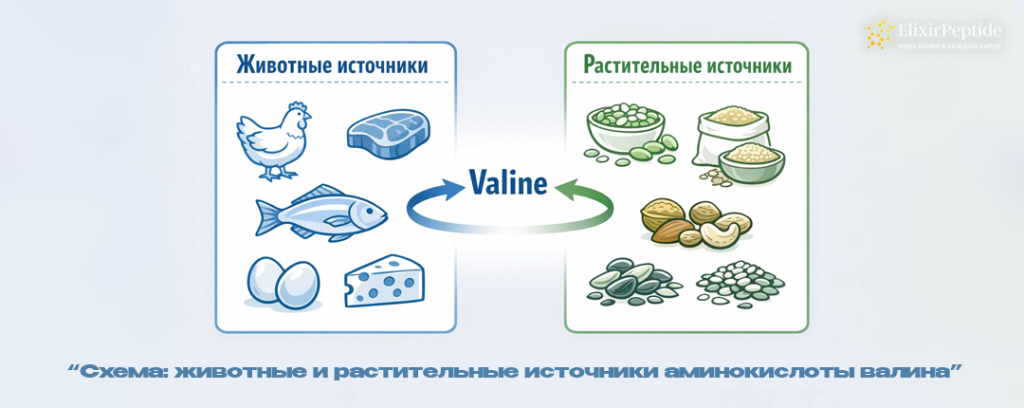 Схема- животные и растительные источники аминокислоты валина.png